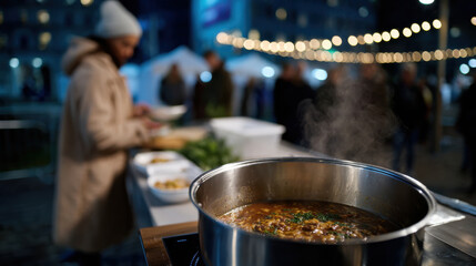 A steaming pot of soup sits at a vibrant outdoor food market, capturing the essence of warmth and community as people gather to enjoy delicious culinary delights together.