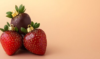 Fresh strawberries shaped like christmas ornaments, one dipped in chocolate, all sparkling with glitter. Holiday dessert concept