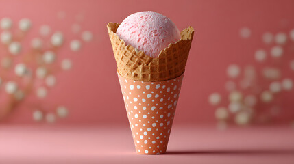 Pink ice cream scoop sits in waffle cone with polka dot wrapper against soft pink background, creating delightful and sweet visual
