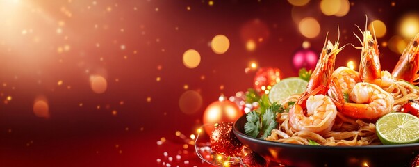 Asian seafood noodle dish with whole prawns, lime, and cilantro, presented on a red background with festive christmas decorations and bokeh lights
