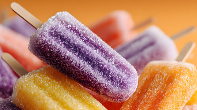 Colorful ice lollies with sugar coating are stacked together, showcasing vibrant purple, orange, and yellow hues. image evokes refreshing summer vibe with focus on sweet, frozen treats