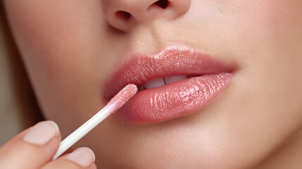 Close up of person applying pink lip gloss with applicator wand, highlighting glossy lips and smooth skin. image conveys sense of beauty and care