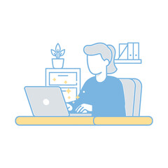 Cartoon vector illustration of a businessman working on a laptop computer at a desk in an office room