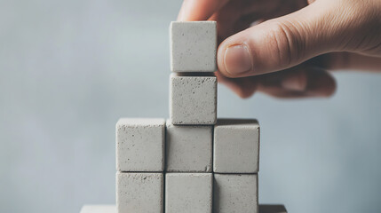 A hand building a pyramid structure with square blocks, showing concepts of growth, teamwork, and construction, conveying a feeling of success and achievement.