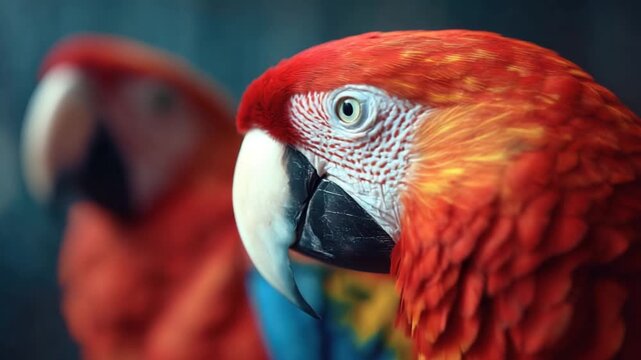 Two vibrant parrots in close-up, one focused, showcasing red plumage and eye detail