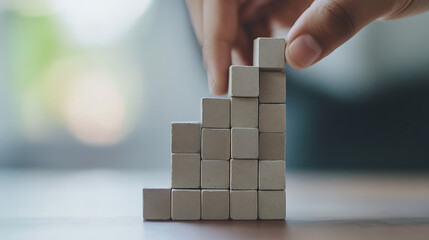 Building a successful staircase with blocks, one step at a time. The hand places the last block on the staircase, symbolizing progress. Creating pathways with patience and persistence.