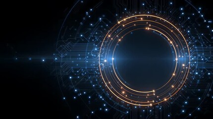 Abstract digital interface representing technological innovation, data transfer and modern connectivity. The image has a blue and golden color scheme - Powered by Adobe