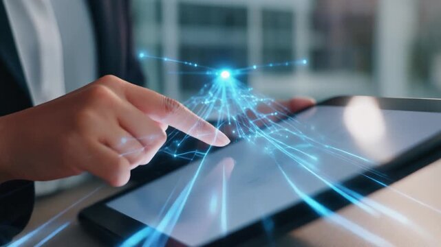 IT Technician Hand Swipes Holographic Error Screen for Remote System Troubleshooting