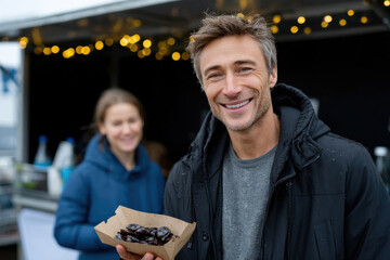 A joyful man stands at a vibrant market stall, holding a delicious food item with a smile, conveying the spirit of community engagement and enjoyment of culinary delights.