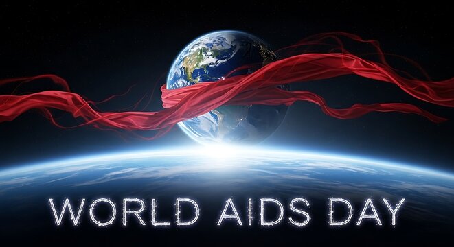 World aids day with earth and red ribbon in space against dark background
