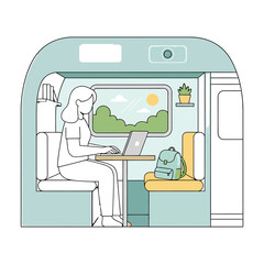 Person working on a laptop inside a cozy camper van with a scenic view
