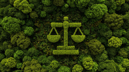 Justice Scale Icon Made Of Green Leaves In Forest. Environmental Law, Ecology and Legal Balance Concept, Aerial Nature View