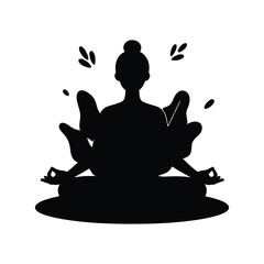 A black silhouette of a person in a meditative lotus pose, with small leaf-like shapes floating around.