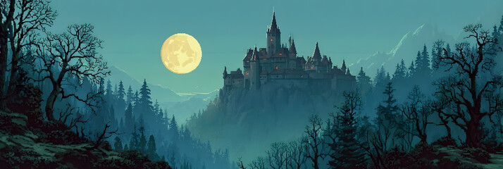 Night castle landscape full moon fantasy art halloween scenery gothic architecture spooky background 100