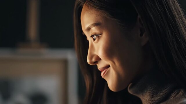 Asian woman in cinematic close-up profile. Subtle smile developing from thoughtful gaze to gentle joy. Expressive face in soft lighting footage for emotional storytelling.