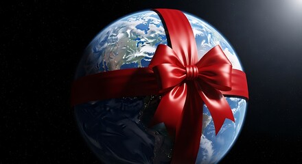 Black Friday global sale concept with planet Earth wrapped in a red ribbon as a gift