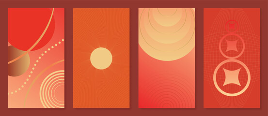 Fototapeta na wymiar Chinese New Year background in red and gold vector design with circular waves, glowing rings and abstract festive shapes — elegant design for wallpaper, packaging and digital prints.