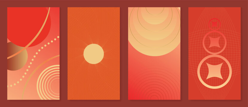 Chinese New Year background in red and gold vector design with circular waves, glowing rings and abstract festive shapes — elegant design for wallpaper, packaging and digital prints.