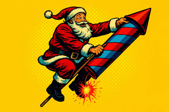 Santa Claus holding onto a lit rocket firework, symbolizing excitement, celebration, and holiday fun. Generative ai vector colorful pop art illustration.