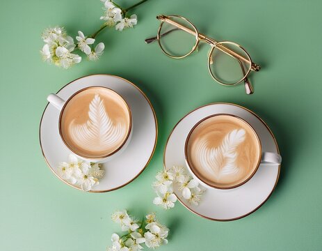 pastel green surface latte art small white flowers gold rimmed glasses