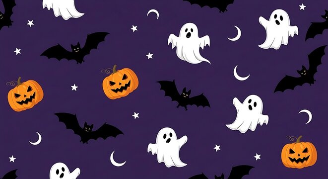 Halloween themed background with ghosts, bats, pumpkins and moons.