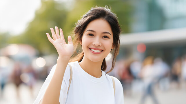 Smiling young east asian woman in white shirt waving cheerfully outdoors on a bright day with soft blurred urban background. Concept of friendly communication and positive social interaction