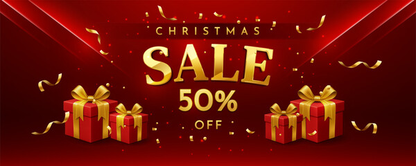 Christmas Sale banner with gift boxes, confetti, and gold text