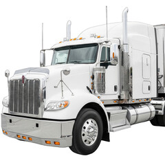 Front View of a Clean White Semi Truck Cab with Chrome Details and a Transparent Background
