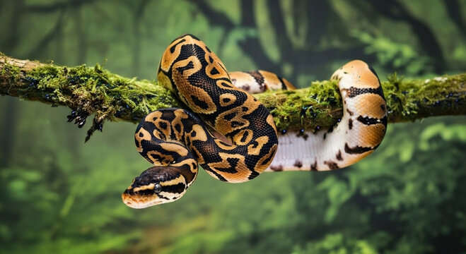 Vibrant ball python gracefully coiled on a mossy branch, showcasing intricate patterns in a lush jungle setting