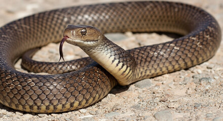 Close-up of a native Australian snake showcasing its scaled body and alert posture while flicking its tongue on dry terrain