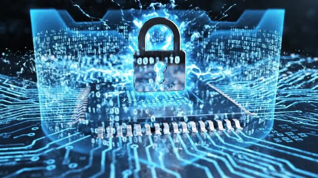 Endpoint security concept featuring a blue abstract microchip layout with a secure lock icon symbolizing device-level protection, cyber defense, and encrypted digital safeguards.