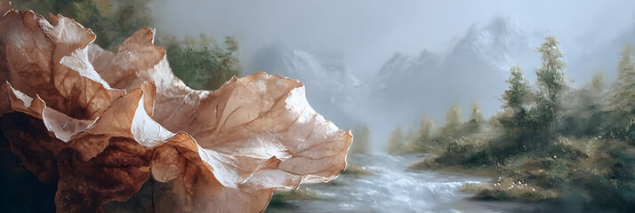 Artistic nature scene with leaf and stream painting for home decor and wall art prints available now