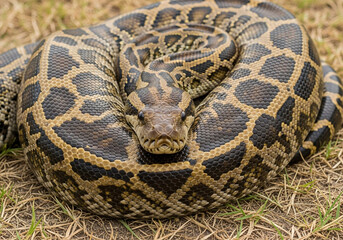 Fototapeta premium Detailed view of a powerful python snake coiled on dry grass, displaying its striking camouflage pattern in its natural habitat