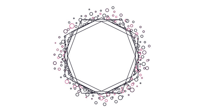 Abstract geometric frame with overlapping dark polygonal lines and scattered black and pink circles on a white background.