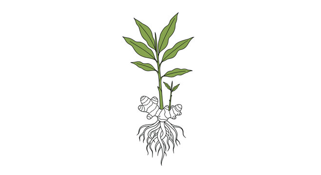Detailed botanical illustration of a ginger plant, showing its green leaves, emerging shoots, and underground edible rhizome with fibrous roots.