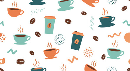 Illustrative seamless pattern featuring an assortment of steaming coffee cups, disposable cups, and scattered coffee beans in warm and cool tones.