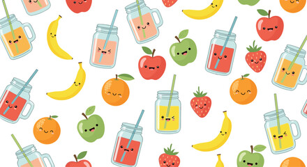 A delightful seamless pattern featuring a variety of cute cartoon fruits like apples, bananas, oranges, strawberries, and fun juice jars with kawaii faces.