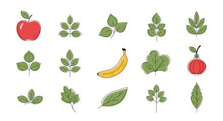 Collection of flat-style illustrations of fruits, vegetables, and leaves on a white background.