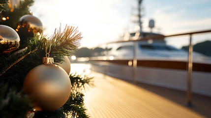 Holiday cheer on the high seas!  A festive Christmas tree adorned with gold ornaments glistens aboard a luxurious yacht, with the sun setting in the background. A serene scene.