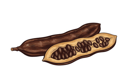 Botanical illustration of ripe carob pods, featuring one intact pod and another longitudinally sectioned to reveal its dark brown edible seeds.