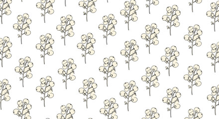 Elegant seamless pattern featuring hand-drawn white berries on delicate branches, perfect for botanical backgrounds and textile designs.