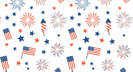 Patriotic Celebration Seamless Pattern with Stars, Stripes, and Fireworks Design for Festive Events and Celebrations.