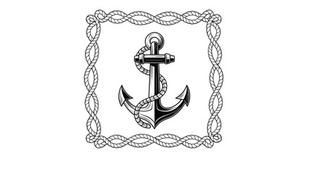 An anchor with a rope wrapped around it, framed by a nautical rope border, rendered in a black and white sketch style.