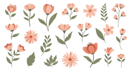 A collection of beautiful hand-drawn pink and green floral elements, perfect for spring and summer design projects and decorations.