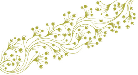 Decorative diagonal pattern featuring elegant, stylized golden-green branches with multiple small berry-like elements on a clean white background.