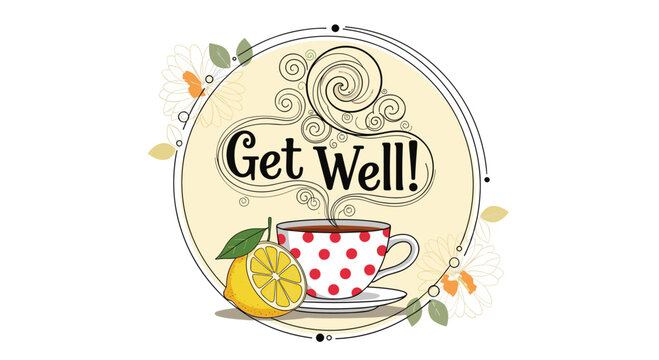 Get Well Soon: A cheerful illustration with a cup of tea, lemon, and floral elements, perfect for well wishes and speedy recovery messages.