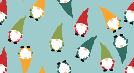 A festive and whimsical seamless pattern featuring cute, colorful gnomes with long beards and pointy hats on a light blue background.
