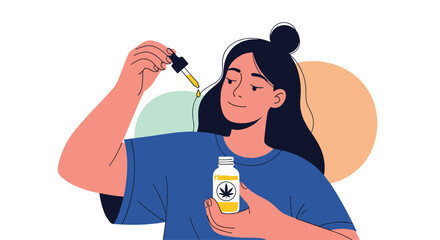 Woman holding CBD oil bottle and dropper with golden liquid, wellness concept, alternative medicine, health and wellbeing, vector illustration.