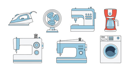 A set of modern household appliances, including an iron, fan, coffee maker, espresso machine, sewing machines, and a washing machine, in a clean, illustrative style.