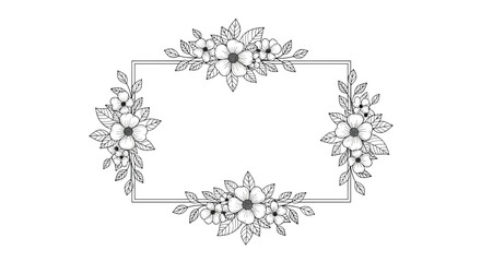 Elegant black and white floral frame design with blooming flowers and delicate leaves, perfect for invitations and decorative elements.